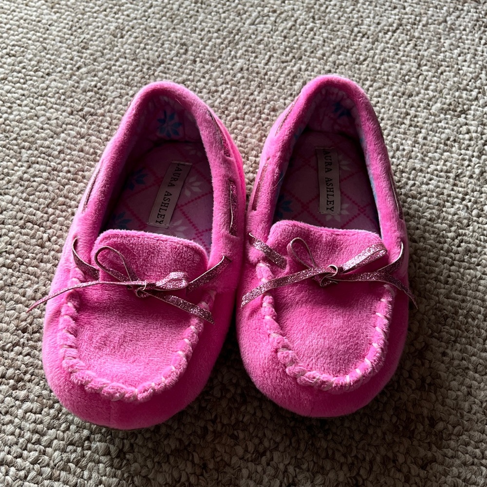 Laura Ashley Bright Pink Plush Moccasin Slippers for Kids